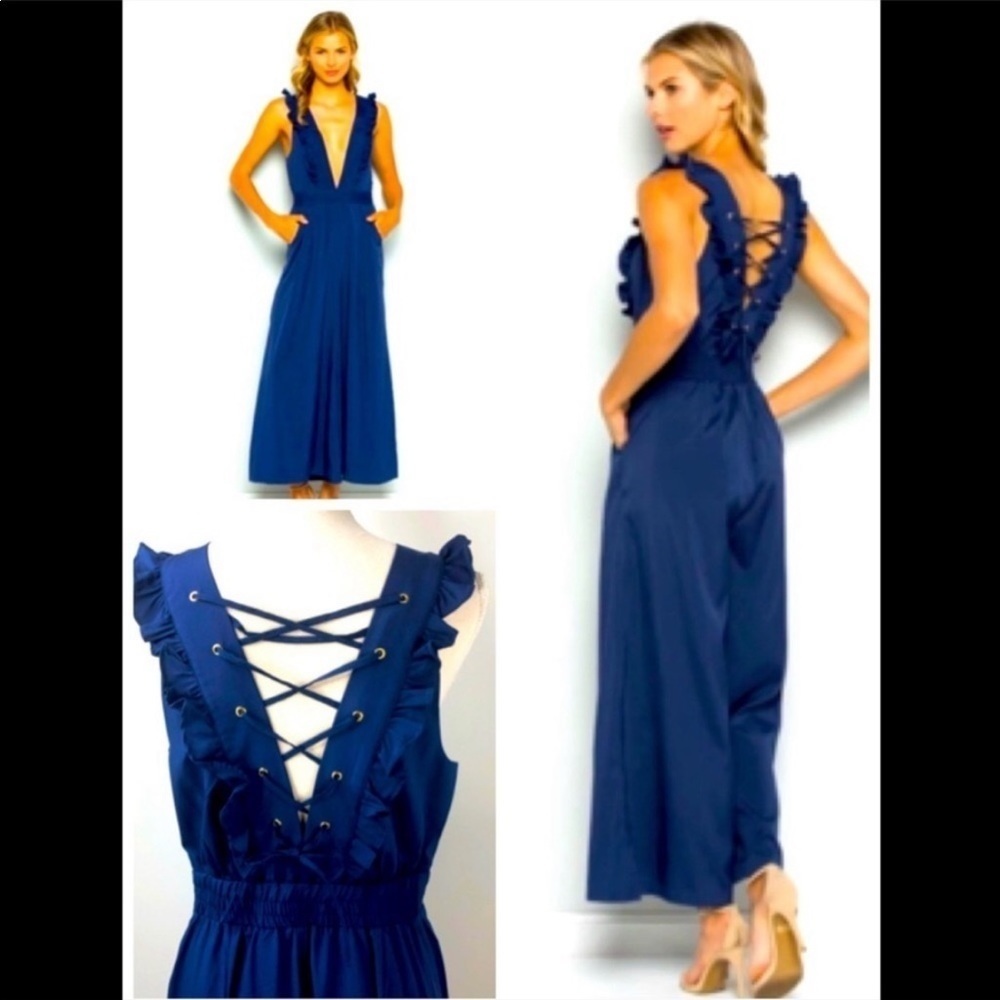 Bundle 3/$40 Acting Pro Navy Jumpsuit Open Corset Back. Deep V Plunge.